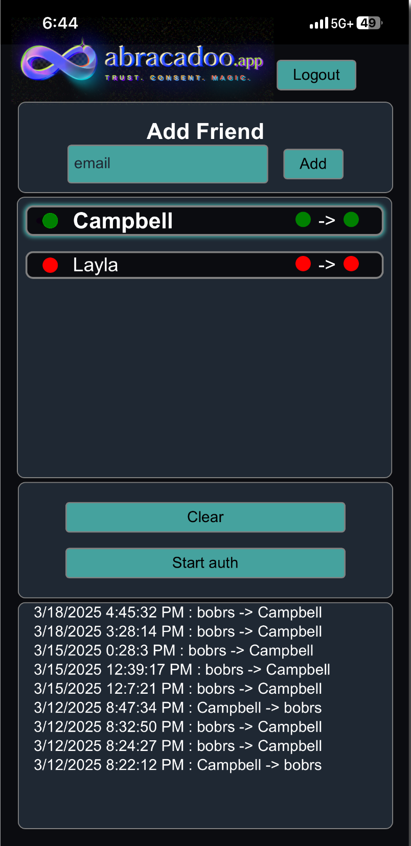 Placeholder screenshot of the Abracadoo app interface showing friend connection and authentication controls.